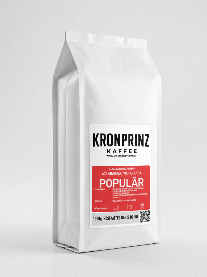 Kronprinz Kaffee Populär, dunkler Espresso, 1 kg Beutel, Röstkaffee ganze Bohne