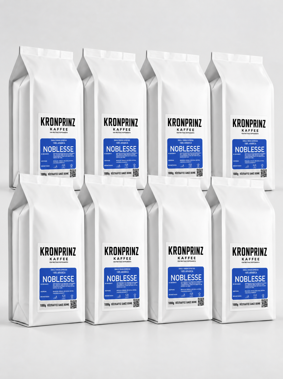 Kronprinz Kaffee Noblesse, Single Origin Espresso, 8 kg Vorteilspack aus 8 Beuteln à 1 kg, Röstkaffee ganze Bohne