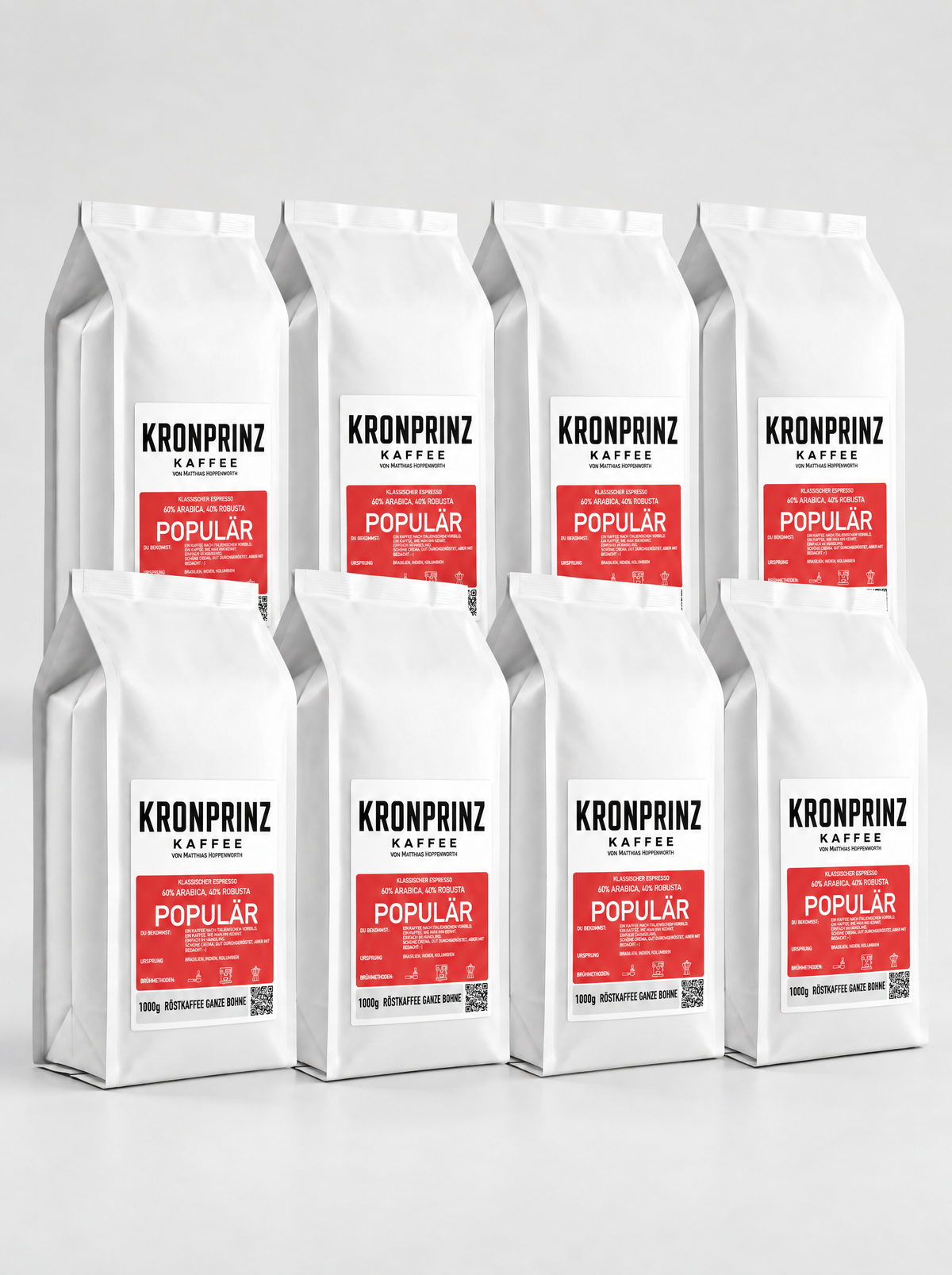 Kronprinz Kaffee Populär, klassischer Espresso, 8 kg Vorteilspack aus 8 Beuteln à 1 kg, Röstkaffee ganze Bohne