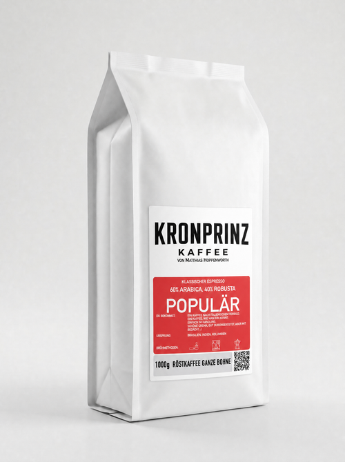 Kronprinz Kaffee Populär, dunkler Espresso, 1 kg Beutel, Röstkaffee ganze Bohne